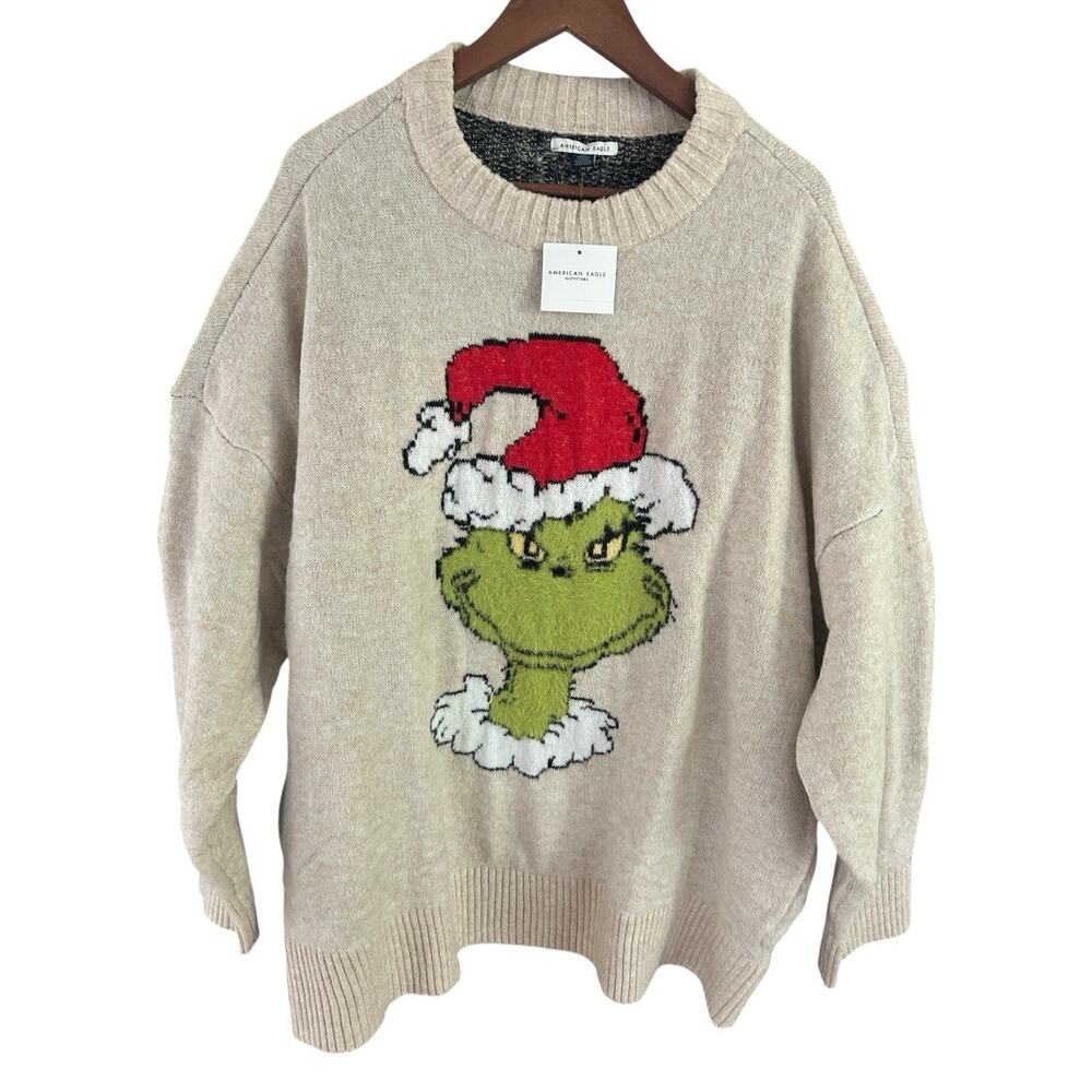 American Eagle Grinch Christmas Sweater XXL NWT Oversized Holiday Fuzzy Graphic